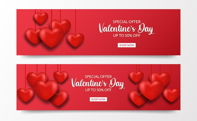 Vector amour love valentijnsdag verkoop aanbieding banner met 3d hart liefde opknoping rode kleur