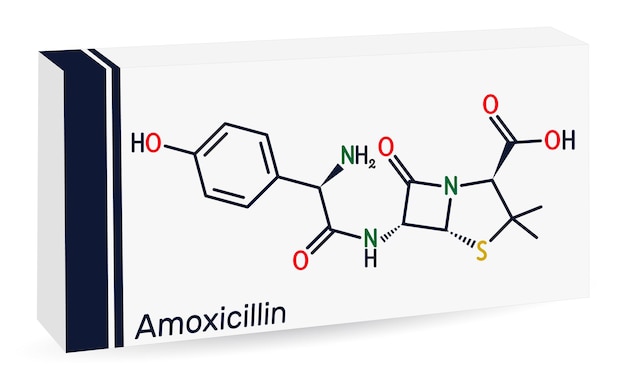 Molecola di farmaco amossicilina formula chimica scheletrica imballaggio in carta per farmaci