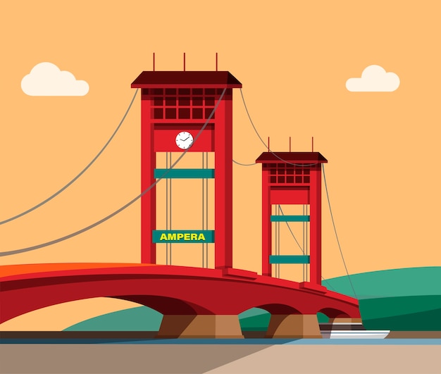 Vector ampera bridge in south sumatra indonesia. famous landmark building in sunset landscape concept in cartoon illustration