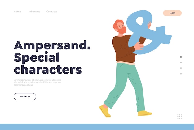 Ampersand special character landing page layout template with bearded man carrying holding glyph grammar punctuation symbol for message and text design Website web banner vector illustration