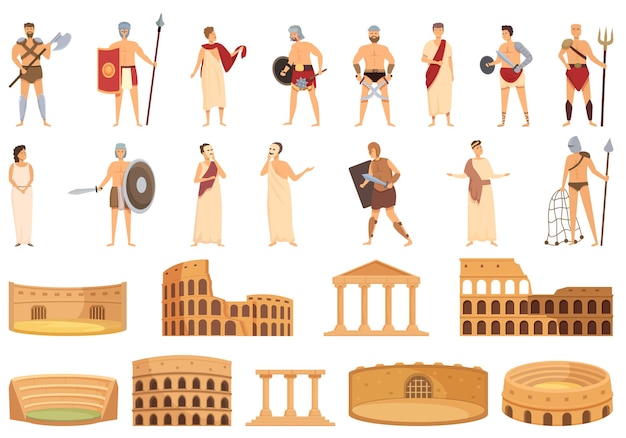 Amphitheater icons set cartoon vector italy arena