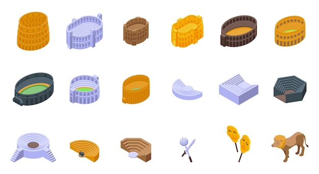 Amphitheater icons set isometric vector Arena italy
