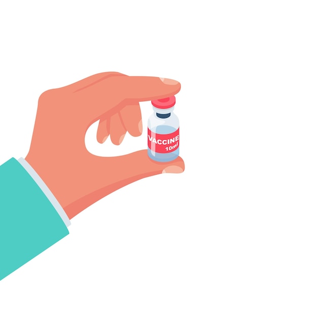 Вектор Ампула в руке. вакцина у врача. медицинское оборудование и лекарства. противоядие от гриппа. векторная иллюстрация плоский дизайн. изолированные на белом фоне.