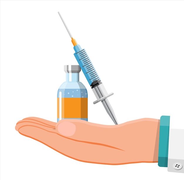 Fiala e siringa con medicamento in mano del medico. concetto di vaccinazione. aghi per siringhe per iniezione. attrezzature mediche. diagnostica sanitaria, ospedaliera e medica. illustrazione vettoriale piatta