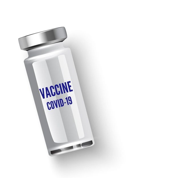Ampoule with Covid19 vaccine on white, top view