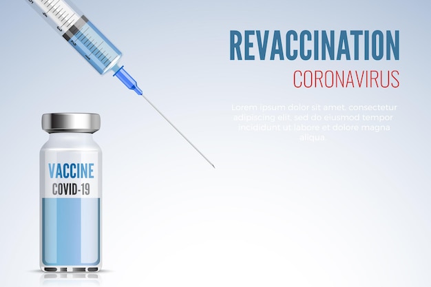 Ampul en spuit met covid19-vaccin coronavirus hervaccinatie bannerontwerp vector illustrat