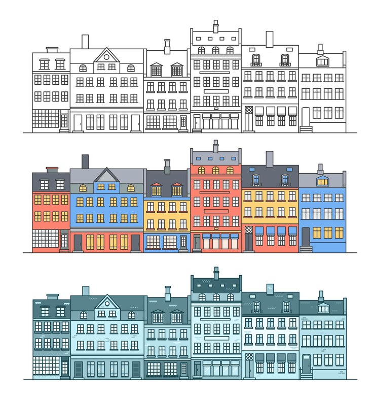 Vector amsterdam buildings skyline cityscape with various row houses old dutch buildings