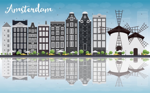 Amsterdam city skyline with grey buildings and reflection