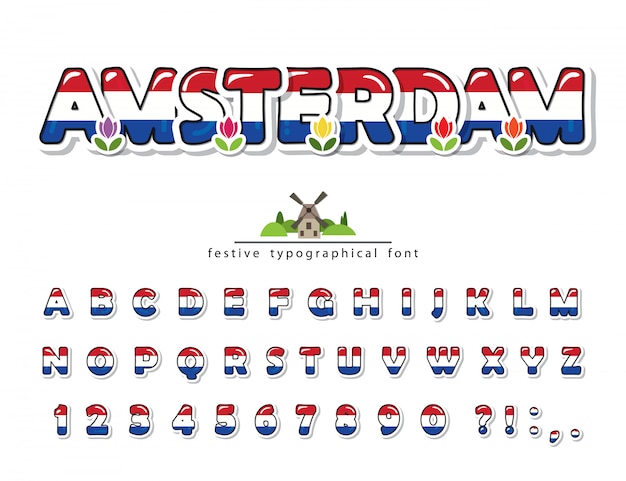 Amsterdam creative font, Netherlands national flag colors.