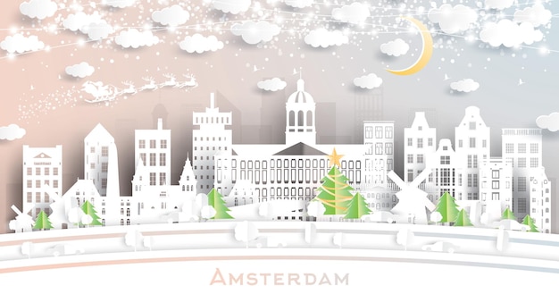 Amsterdam Holland City Skyline in Paper Cut stijl met sneeuwvlokken, maan en neon slinger.