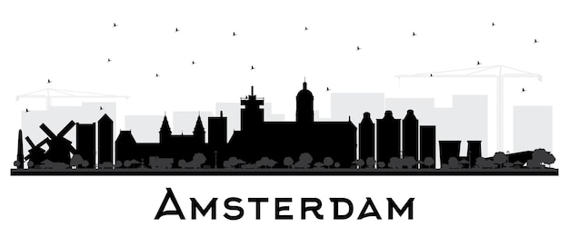 白で隔離される黒い建物とアムステルダムオランダシティスカイラインシルエット