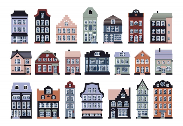 Vector amsterdam houses cartoon set. graphic icon townhouse, european style. flat urban and suburban home cottage. isolated on white different architecture town building