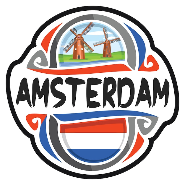 Amsterdam Netherlands Flag Travel Souvenir Sticker Skyline Landmark Logo Badge Stamp Seal Emblem EPS