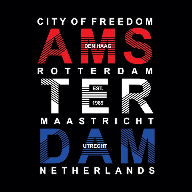 암스테르담 네덜란드 타이포그래피 디자인 티셔츠는 프리미엄 벡터를 인쇄할 준비가 되어 있습니다.