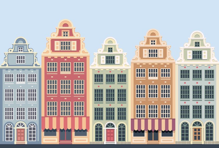 Vector amsterdam style houses silhouette of a row of typical dutch canal view at netherlands