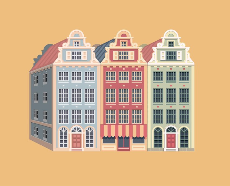 Vector amsterdam style houses silhouette of a row of typical dutch canal view at netherlands