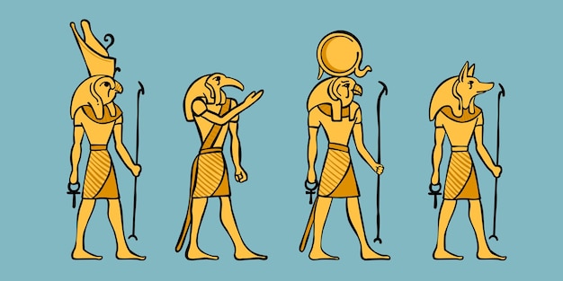 Amun Ra Anubis and Set engraving style vector illustration Ancient Egypt's gods set