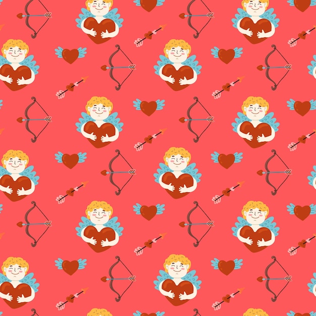 Amur baby with heart love bow arrow vector seamless pattern Funny cupid little angel Valentine's Day