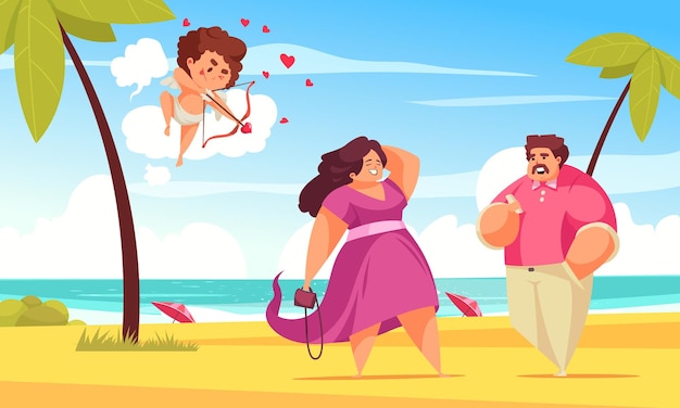 Vector amur cupid valentine day couple composition with tropical beach landscape and character of amor with couple