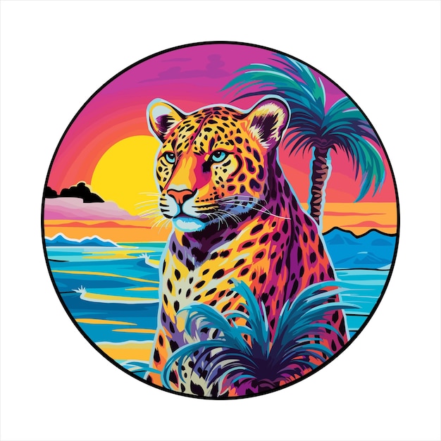 Vettore leopardo d'amuro cartoon colorato kawaii personaggio beach sunset animal pet sticker illustrazione isolata