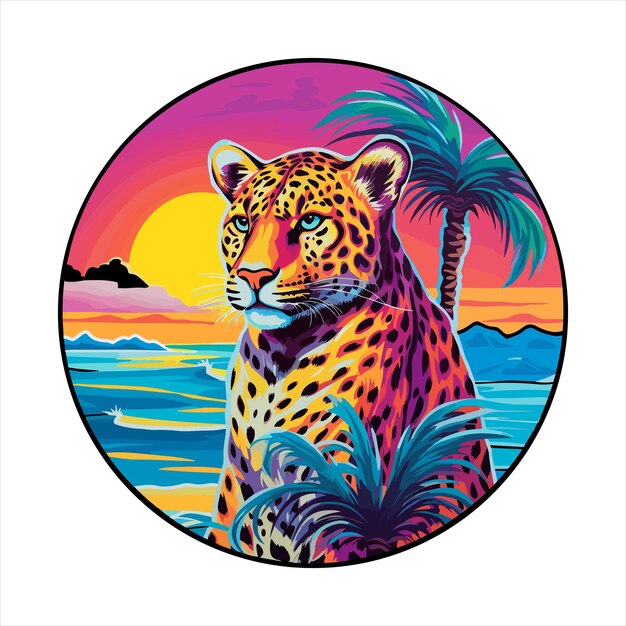 Amur Leopard Kleurrijke cartoon Kawaii Karakter Strand zonsondergang Dier Huisdieren Sticker Geïsoleerde illustratie