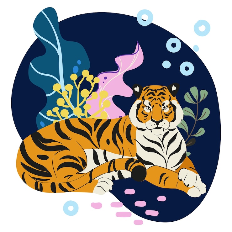 Vector amur tiger lies in plants and algae isolated on white background vector tiger side view