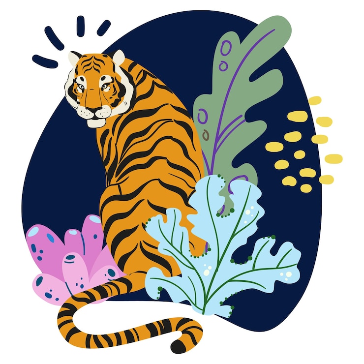Vector amur tiger sitting in plants and algae isolated on white background vector tiger side view