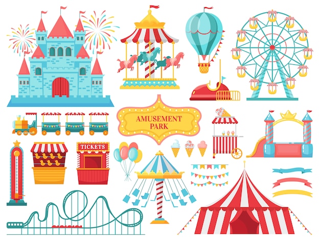 Amusement park attractions. Carnival kids carousel, ferris wheel attraction and amusing fairground entertainments illustration