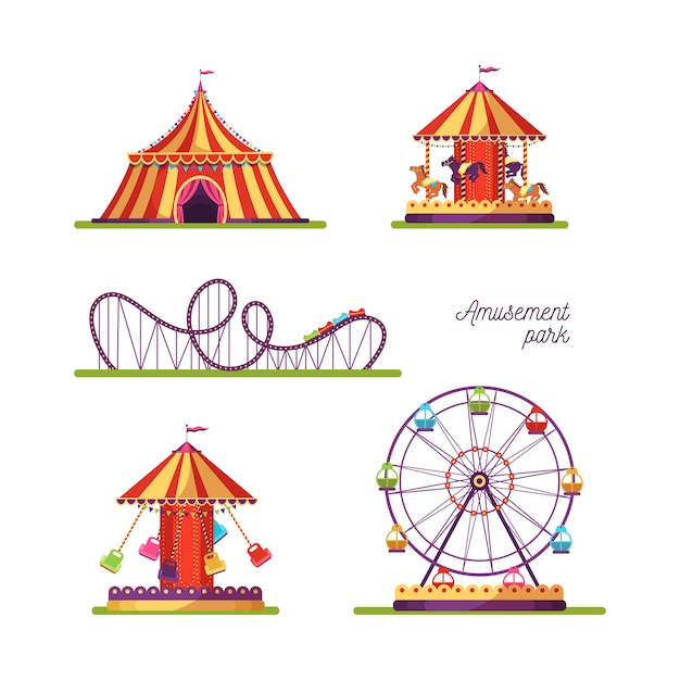 Amusement park attractions illustrations set isolated on white