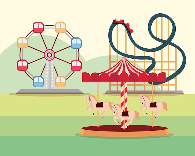 Vector amusement park carnival ferris wheel roller coaster and carousel illustration