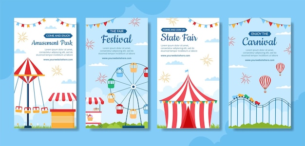 Amusement Park Carnival Social Media Ig Stories Template Hand Drawn Cartoon Flat Illustration