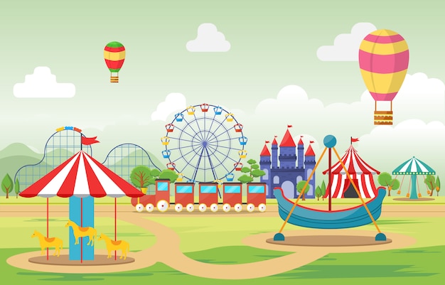 Vector amusement park circus carnival festival fun fair landscape illustration