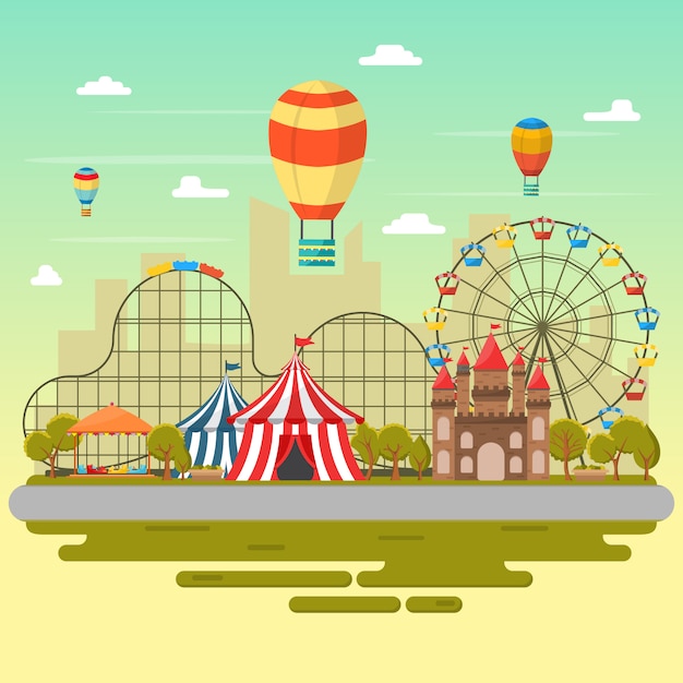 Парк развлечений Цирк Карнавальный фестиваль Fun Fair Пейзаж Иллюстрация