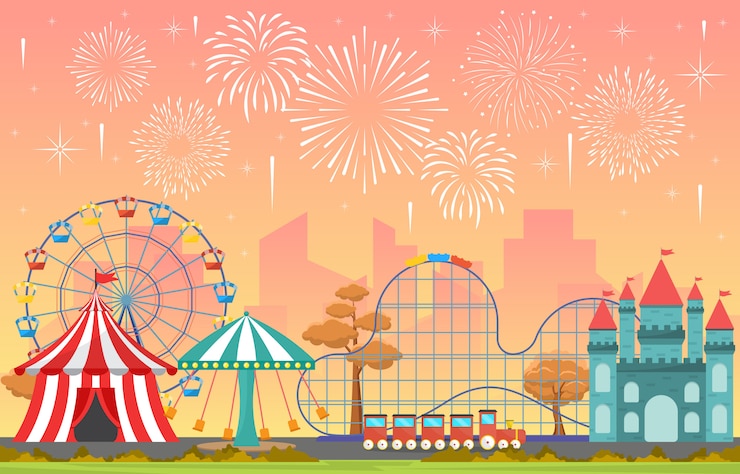 Vector 花火の風景イラストと遊園地サーカスカーニバル祭楽しいフェア