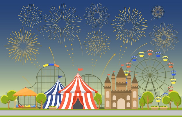 Fiera di divertimento di festival di carnevale del circo del parco di divertimenti con l'illustrazione del paesaggio del fuoco d'artificio