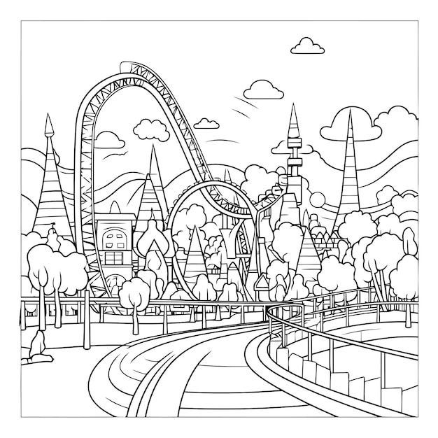 Amusement park coloring page for adults vector illustration Outline hand drawing of amusement park