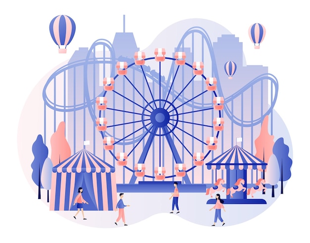 Vector amusement park concept tiny people with carousels roller coaster air balloon circus fun fair