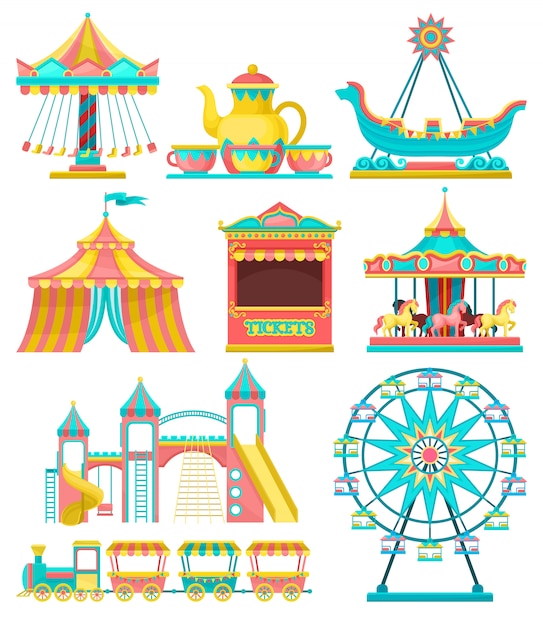 Vector amusement park design elements set, merry go round, carousel, circus tent, ferris wheel, train, ticket booth  illustration on a white background