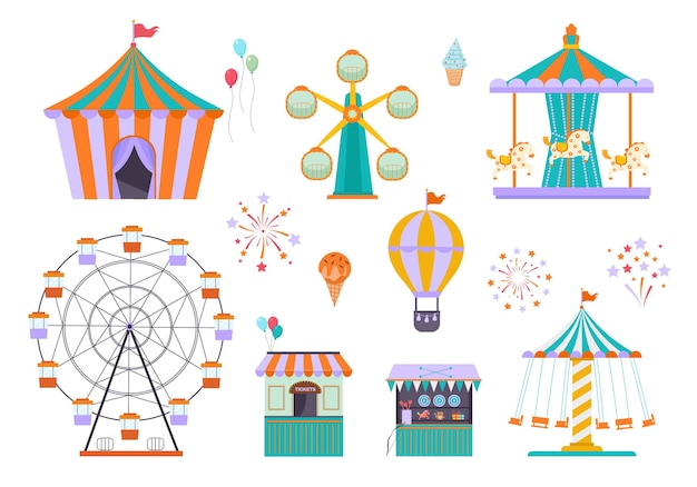 Вектор Парк с аттракционами. разные забавные аттракционы для детей покататься на колесной цирк-шапито-карусели.