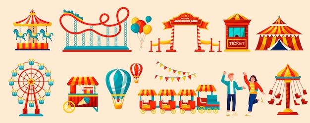 Vector amusement park elements in flat style