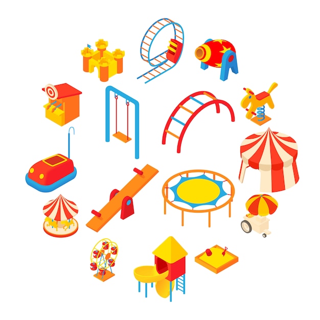 Amusement park icons set, cartoon style