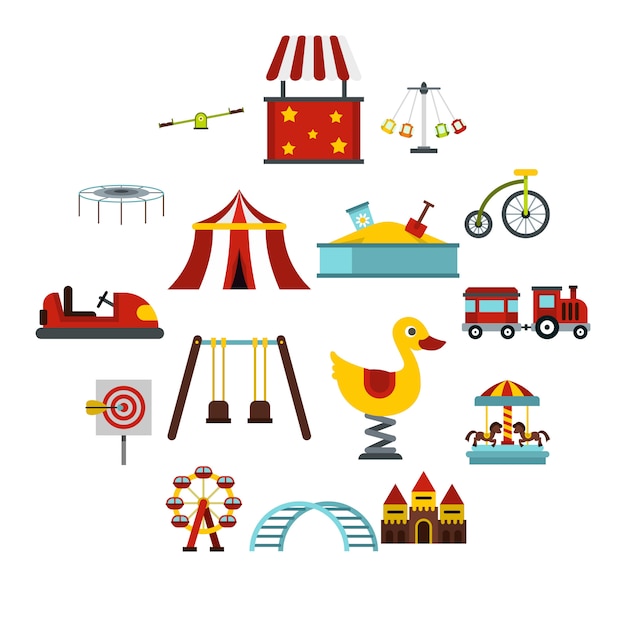 Vector amusement park icons set, flat style