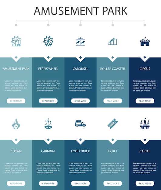 Amusement park Infographic 10 option UI design.Ferris wheel, Carousel, Roller coaster, carnival simple icons