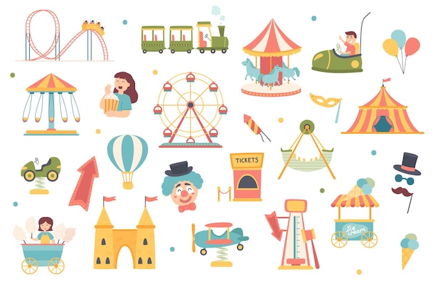 Amusement park isolated objects set Collection of carousels and attractions roller coasters