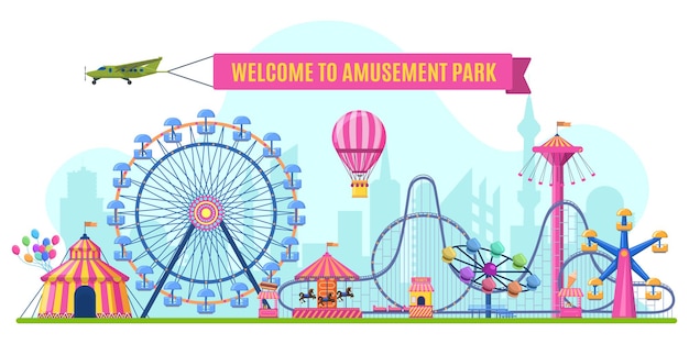 Amusement park landscape. Attractions park ferris wheel, roller coaster and carnival carousel view.