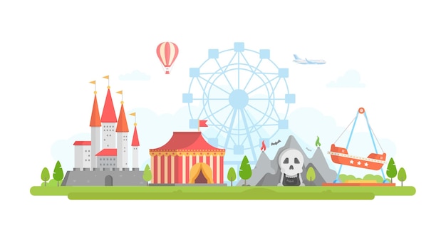 Amusement park - modern flat design style vector illustration. Lovely view with attractions, horror show, castle, airplane, big wheel silhouette, tent circus. Entertainment concept