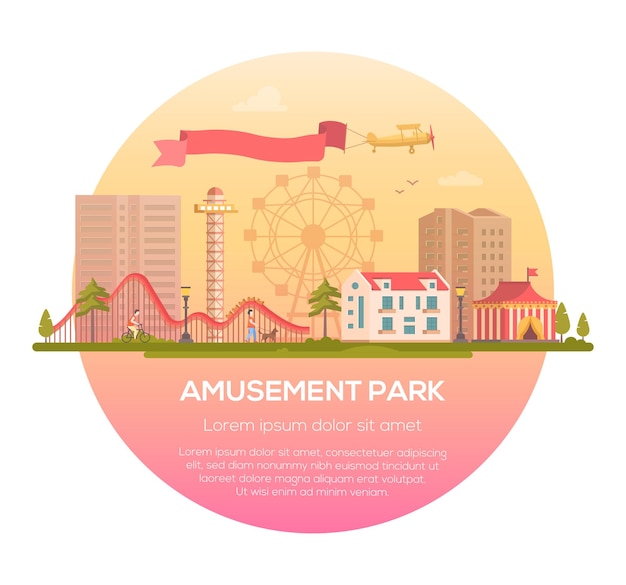 Amusement park - modern vector illustration in a round frame with place for text on urban background. Lovely cityscape with attractions, circus pavillion, houses, people, big wheel silhouette, plane