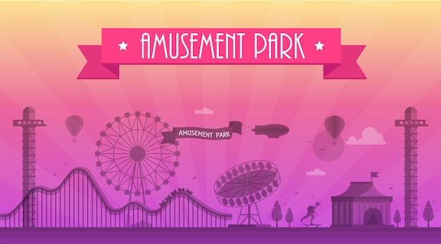 Vector amusement park - modern vector illustration with landscape silhouette. text on pink ribbon. big wheel, attractions, benches, lanterns, trees, skater, circus pavilion. hot air balloon, airplane