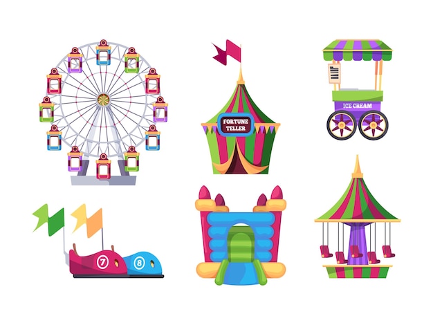 Amusement park outdoor attraction for kids swing game machines catapult carousel inflatable trampoline garish vector flat illustrations