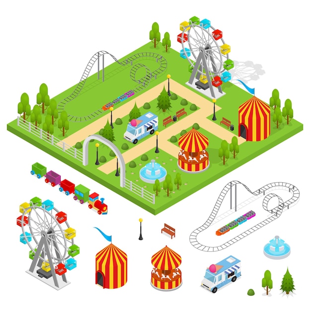 Vector amusement park and part set isometric view design.